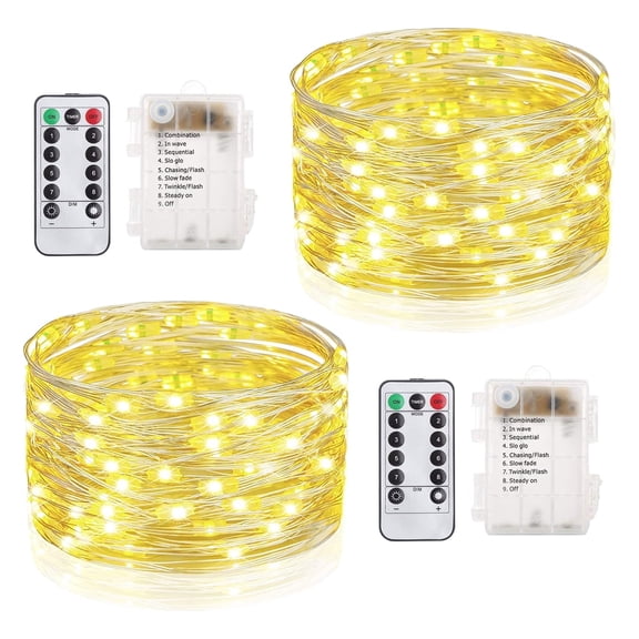 Rirool 2-Pack 33ft Warm White LED Fairy String Lights, Battery Operated Copper Wire Fairy Lights with Remote, 8 Modes, Timer, IP65 Waterproof Decor for Bedroom, Wedding, Patio, Holiday