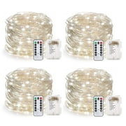Rirool 4-Pack 33ft Cool White LED Fairy Lights - Battery Operated Waterproof String Lights with Remote, 8 Modes - for Garden, Wedding, Bedroom, Party Decor