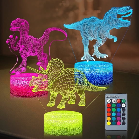 Rirool 3D Dinosaur Night Light - 16 Color Change, Remote Control - Perfect Dinosaur Gift for Boys