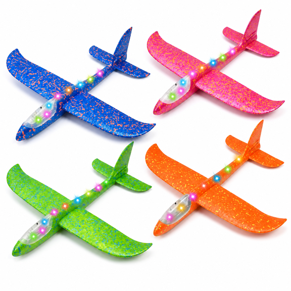 Rirool 4 Pack LED Foam Glider Airplane Toys for Kids, Light-Up Throw Planes with 2 Flight Modes, Outdoor Flying Toys for Backyard, Park and Beach, Ages 3+