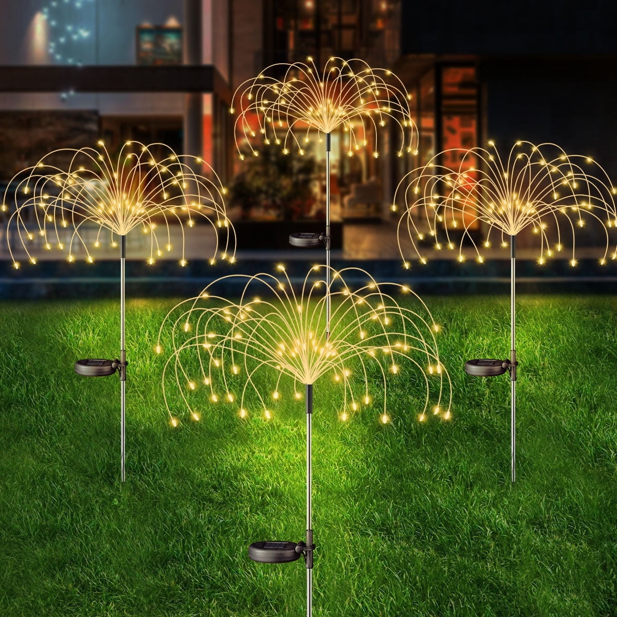 Rirool 4 Pack Solar Firework Lights, 120 LED Outdoor Garden Lights, Waterproof IP65 Pathway Yard Decor, DIY Copper Wire, Auto On/Off, Warm White