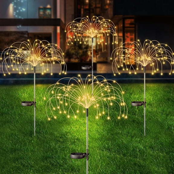 Rirool 4 Pack Solar Firework Lights, 120 LED Outdoor Garden Lights, Waterproof IP65 Pathway Yard Decor, DIY Copper Wire, Auto On/Off, Warm White
