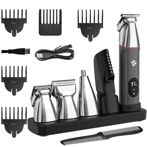 Rirool 5 in 1 Body Hair Trimmer for Men, Waterproof Electric Razor Grooming Kit with LED Display, 3 Magnetic Heads, 6 Combs, 90 Min Runtime, USB Charging Base for Beard Nose Ear Groin