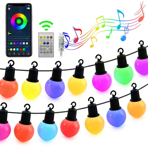 Rirool 50 LED RGB G40 Smart Outdoor String Lights, 17m App Remote Control Color Changing Patio Lights with 30cm Bulb Spacing Music Sync IP44 Waterproof for Backyard Garden Party