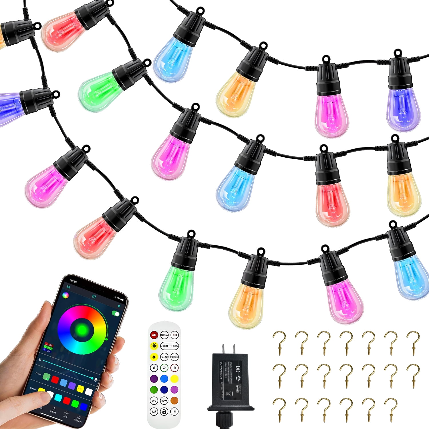 Rirool 50ft Outdoor String Lights with APP Control - 20 RGB LED Bulbs, IP65 Waterproof, Dimmable Color Changing Patio Lights for Garden, Party, Wedding