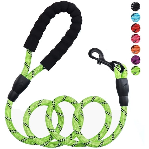Rirool 5ft 1/2in Green Nylon Rope Dog Leash, Heavy Duty Reflective Pet Lead with Soft Padded Anti-Slip Handle and Metal Clasp for Medium Large Dogs 18-120 lb, Daily Walking Training