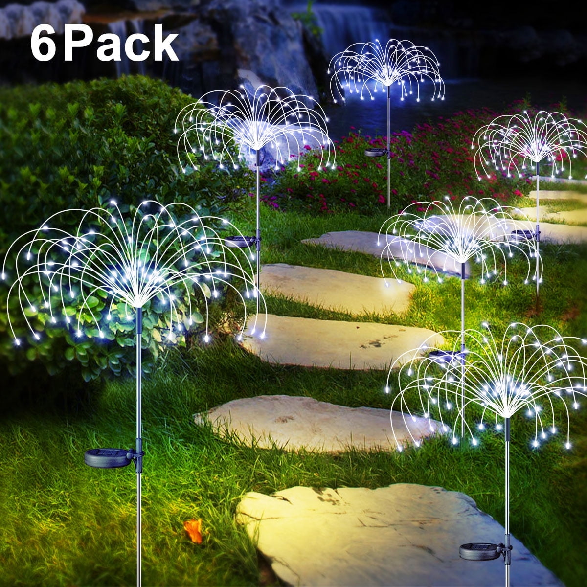 Rirool 6 Pack Solar Firework Lights, 120 LED Outdoor Garden Lights, Waterproof IP65 Pathway Yard Decor, DIY Copper Wire, Auto On/Off, Cool White
