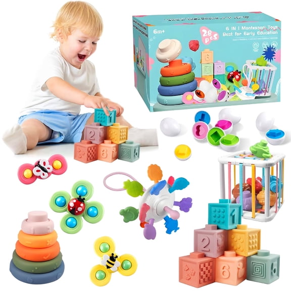 Rirool 6-in-1 Montessori Baby Toys - Sensory Bin & Teething Toys with Stacking Blocks, Eggs, Spinner, Crab Pull Toy (27 Pieces) for Infants 6-36 Months