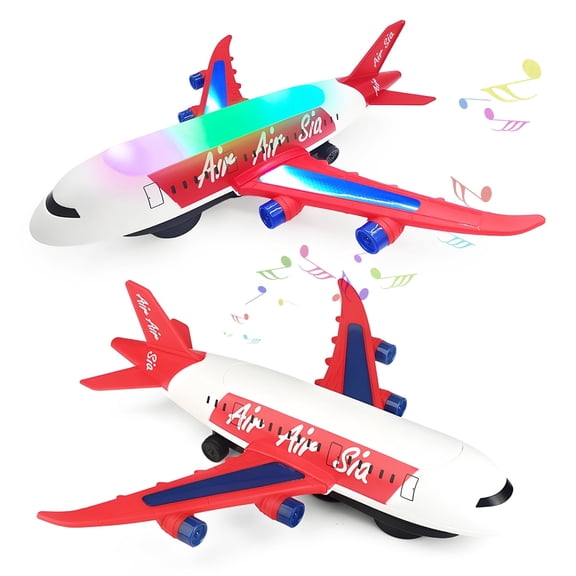 Rirool Airplane Toy with LED Lights and Sounds, Bump and Go Aircraft with Rotating Lift Design, Educational Crawling Plane for Kids Ages 3-12, Red