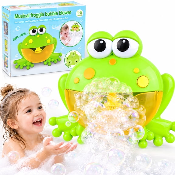 Rirool Frog Bath Bubble Machine, Musical Bath Toy with 12 Tunes, 3 Suction Cups and Removable Yellow Reservoir, One-Button Control, Green, Ages 1-5, Requires 4 AA Batteries (Not Included)