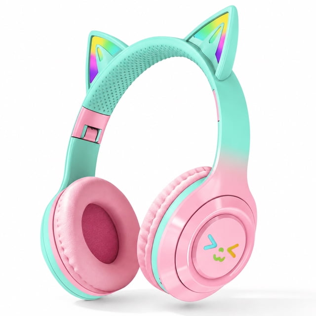 Rirool Cat Ear Bluetooth Headphones with LED Light, Wireless Foldable Headphones for Kids & Adults, Built-in Mic, SD Card Slot, Stereo Sound, 3.5mm Jack, Green/Pink