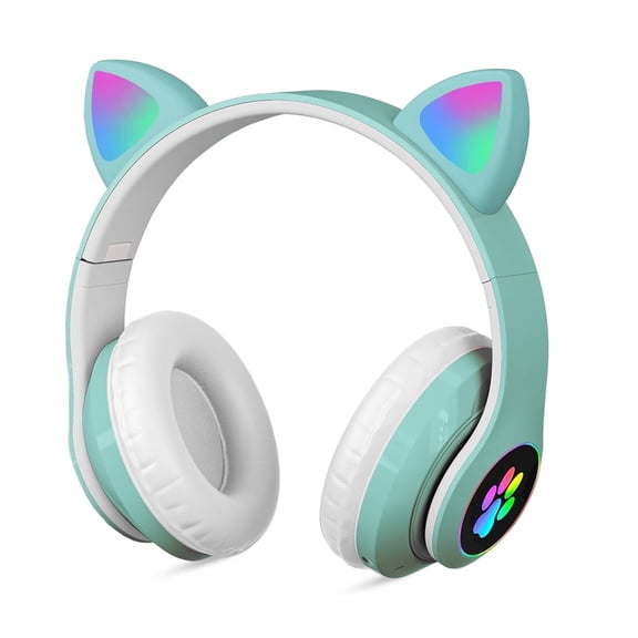 Rirool Cat Ear Bluetooth Headphones for Kids Girls - Wireless Headset w/Mic, 94dB Volume Limit, LED Lights, Foldable, for School/Travel Green