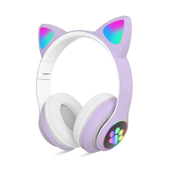 Rirool Cat Ear Bluetooth Headphones for Kids Girls - Wireless Headset w/Mic, 94dB Volume Limit, LED Lights, Foldable, for School/Travel Purple