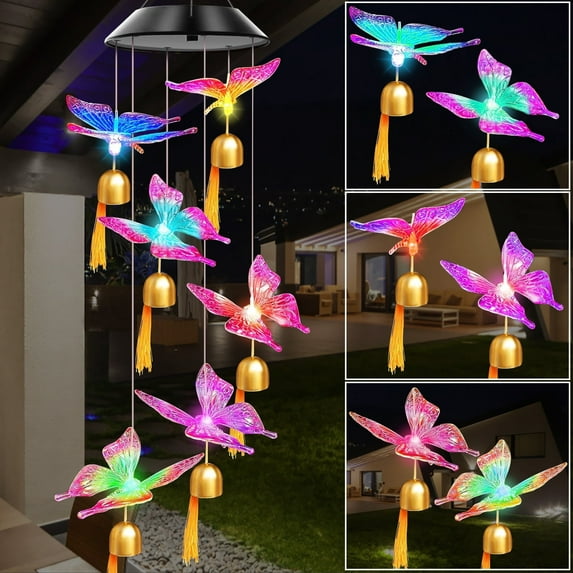 Rirool Color Butterfly Bell Solar Butterfly Wind Chimes - Gifts, Lights, Outdoor Hanging, Gardening, Mom Garden Decor