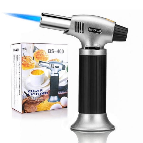 Rirool Refillable Butane Torch with Adjustable Flame and Safety Lock, 2500F Culinary Blow Torch for Creme Brulee, Baking, BBQ, Searing, Crafts and Soldering, Black and Silver