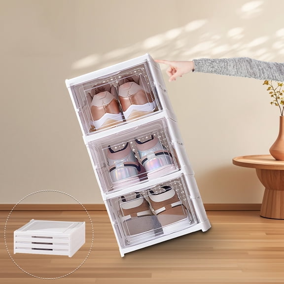 Rirool Drop Front Shoe Storage Box, 3-Tier Stackable Clear Door Shoe Organizer Bin, No Assembly Foldable Plastic Shoe Rack for Closet Entryway Bedroom Office