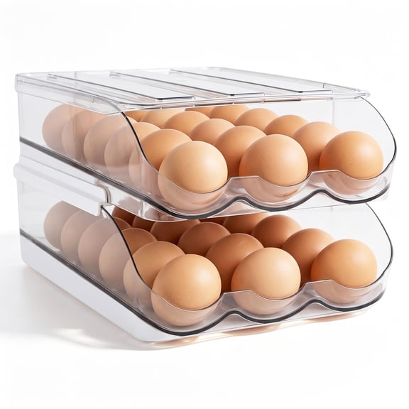 Rirool Egg Holder for Fridge, 2 Tier Rolling Egg Dispenser with Lid, Clear Plastic Egg Organizer Tray, Large Capacity 36 Eggs Storage Container for Refrigerator
