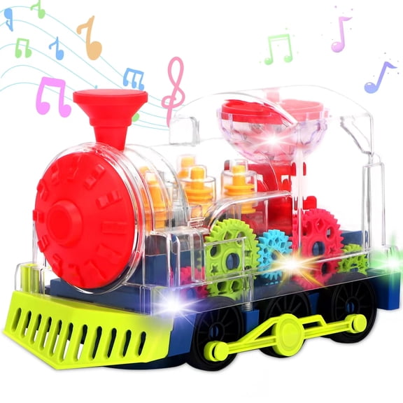 Rirool Electric Gear Train Toy for Toddlers - Transparent Mechanical Train with Flashing Lights & Music, Auto-Direction Change, STEM Learning Toy for Boys Girls Age 3+