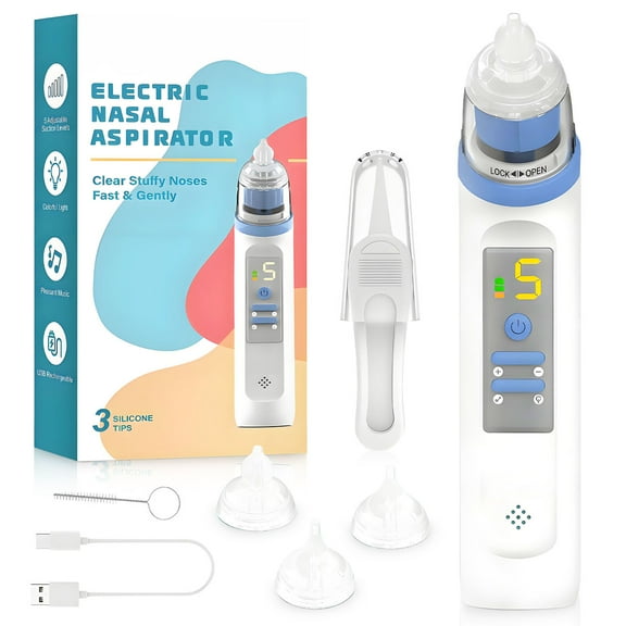 Rirool Electric Nasal Aspirator for Babies - 5-Level Suction, Music & LED Light, USB Rechargeable, 3 Silicone Tips, Quiet & Easy to Clean, BPA-Free, Ideal for Infants & Toddlers
