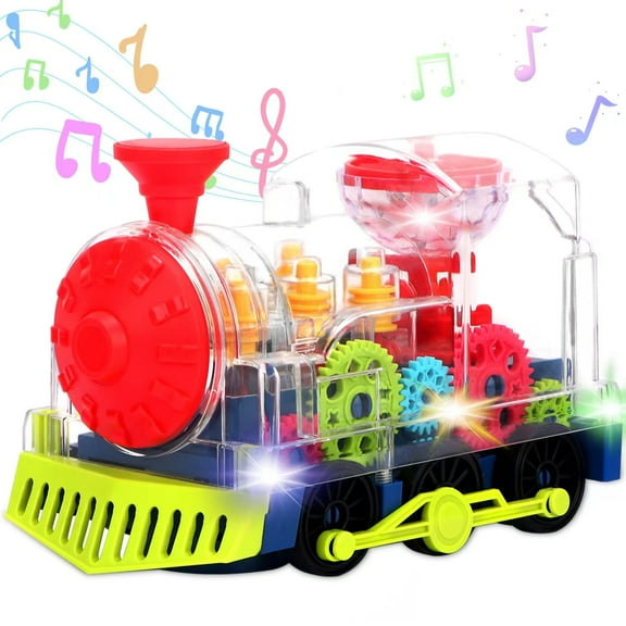 Rirool Electric Gear Train Toy for Toddlers - Transparent Mechanical Train with Flashing Lights & Music, Auto-Direction Change, STEM Learning Toy for Boys Girls Age 3+