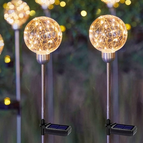 Rirool Decorative LED Solar Stake Lights, 2 Pack Warm White Outdoor Solar Globe Lights, Waterproof Garden Pathway, Yard, Patio, Walkway Landscape Lighting