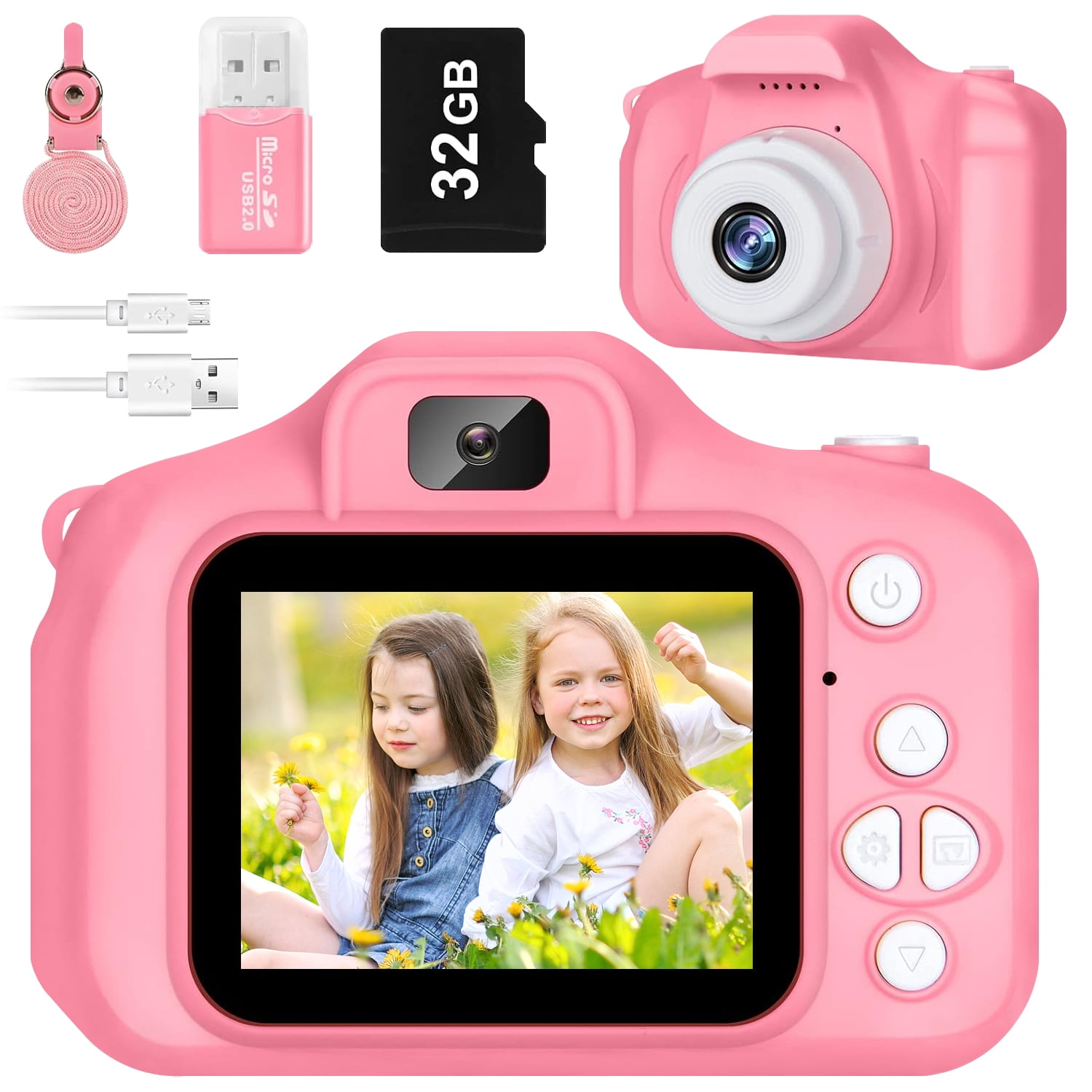 Rirool HD Kids Camera, Selfie & Video Toy for Girls 3-12 with 32GB SD Card (Pink)