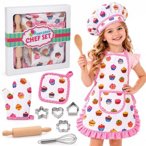 Rirool Kids Baking Set, 11-Piece White Cupcake Print Junior Chef Costume and Pretend Play Kit with Apron, Hat, Oven Mitt, Pot Holder, Whisk, Wooden Utensils and 4 Cookie Cutters, Ages 3-6