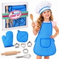 thumbnail image 1 of Rirool Kids Chef Set, 11-Piece Blue Polka Dot Cooking and Baking Pretend Play Kit with Apron, Hat, Oven Mitt, Pot Holder, Whisk, Wooden Tools and 4 Cookie Cutters for Boys and Girls Ages 3-6, 1 of 8