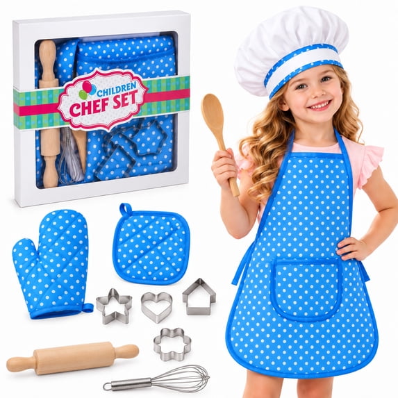 Rirool Kids Chef Set, 11-Piece Blue Polka Dot Cooking and Baking Pretend Play Kit with Apron, Hat, Oven Mitt, Pot Holder, Whisk, Wooden Tools and 4 Cookie Cutters for Boys and Girls Ages 3-6