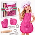 thumbnail image 1 of Rirool Kids Cooking Set, 11-Piece Pink Polka Dot Chef Dress-Up and Baking Role Play Kit with Apron, Hat, Mitt, Pot Holder, Whisk, Rolling Pin, Spoon and 4 Cookie Cutters, Ages 3-6, 1 of 8