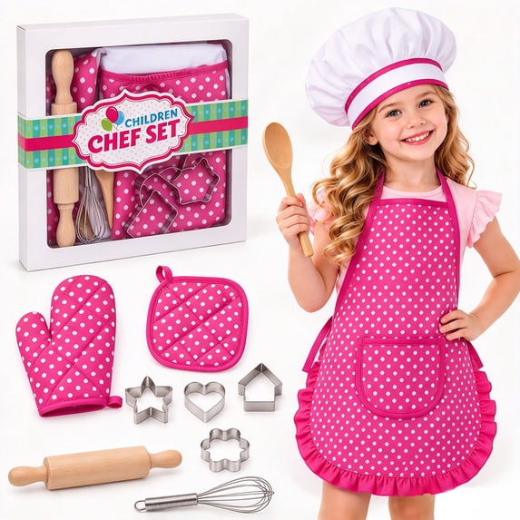 Rirool Kids Cooking Set, 11-Piece Pink Polka Dot Chef Dress-Up and Baking Role Play Kit with Apron, Hat, Mitt, Pot Holder, Whisk, Rolling Pin, Spoon and 4 Cookie Cutters, Ages 3-6
