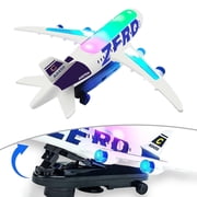 Rirool Airplane Toy with LED Lights and Sounds, Bump and Go Aircraft with Rotating Lift Design, Educational Crawling Plane for Kids Ages 3-12, Blue