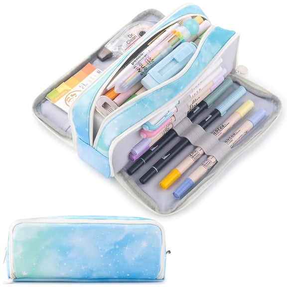 Rirool Large Capacity Pencil Case, 3 Zipper Compartments Pen Pouch for High School, College, Teachers, Office & Travel Use, Makeup Bag for Teens and Adults, Meteorblue