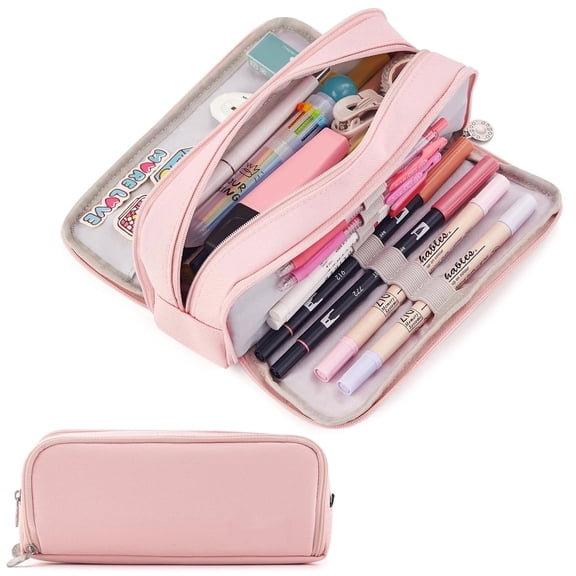 Rirool Large Capacity Pencil Case, 3 Zipper Compartments Pen Pouch for High School, College, Teachers, Office & Travel Use, Makeup Bag for Teens and Adults, Pink