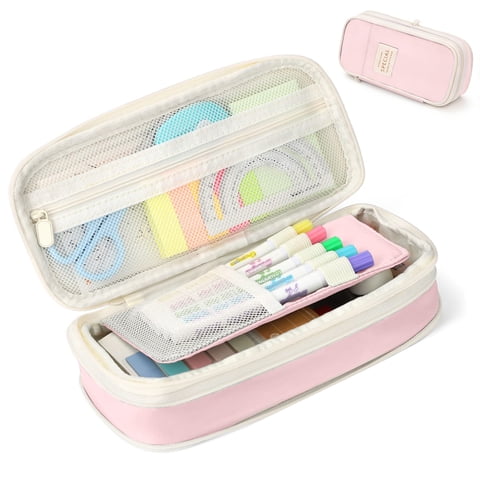 Rirool Large Capacity Pencil Case, Expandable Pencil Pouch Big Pen Bag for School Supplies with Zipper, Deformable Organizer for Teen Girls Boys, Pink