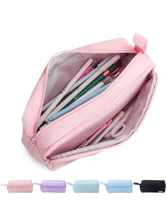 Large Capacity Pencil Case with Initial Letter, Expandable Pencil Pouch with Zipper, Cute Aesthetic Pen Bag for School Supplies, Kids Teen Girls Adults Pink