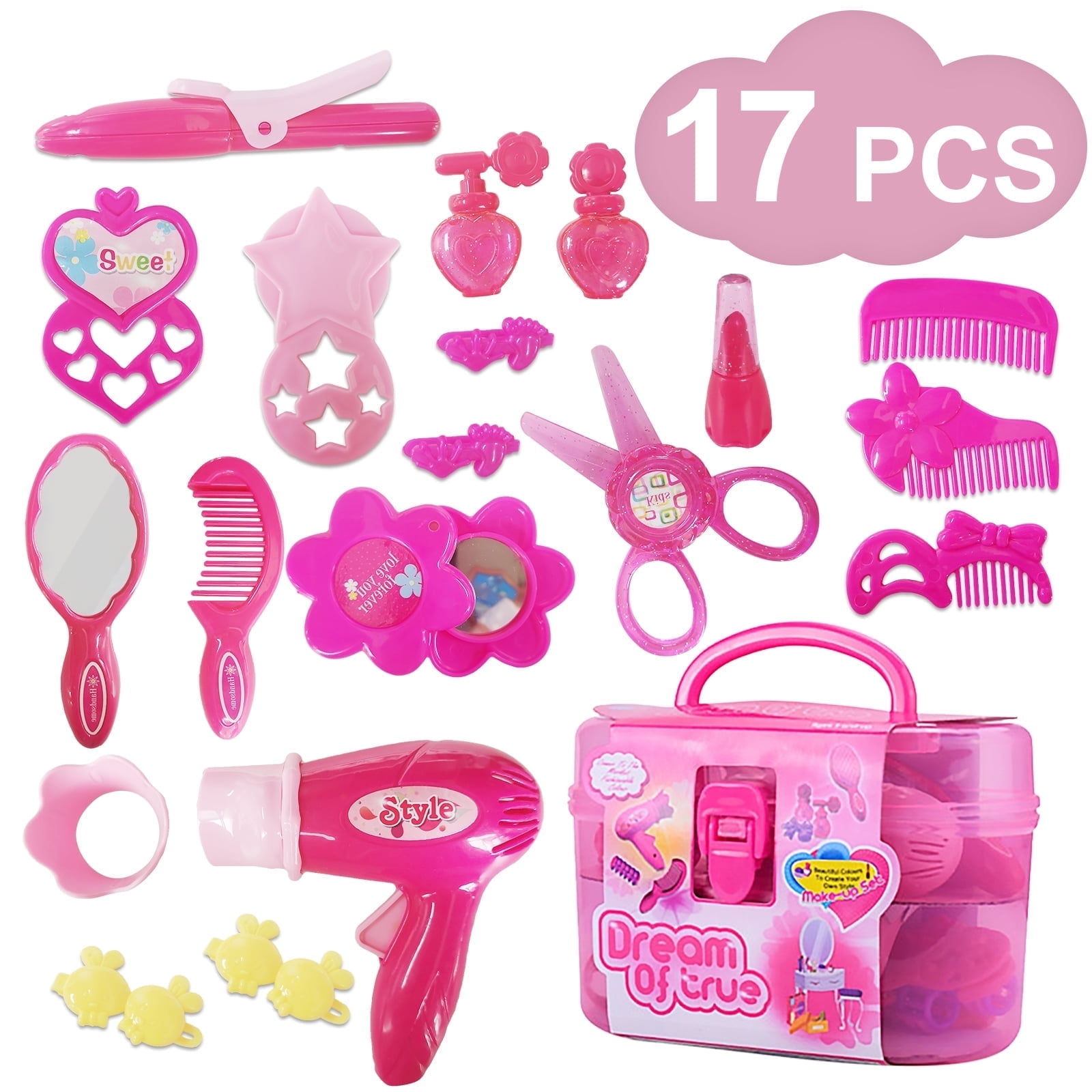 ZIOBLW Rirool Little Girl Pretend Play Makeup & Hair Station Set with Case - Beauty Salon Toy Kit for Ages 1-4