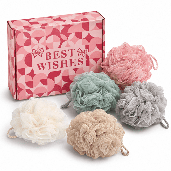 Rirool Loofah Bath Sponge 5 Pack, Large Exfoliating Shower Pouf Set with Gift Box, Soft Mesh Body Scrubber for Women Men, Assorted Colors Bath Sponges