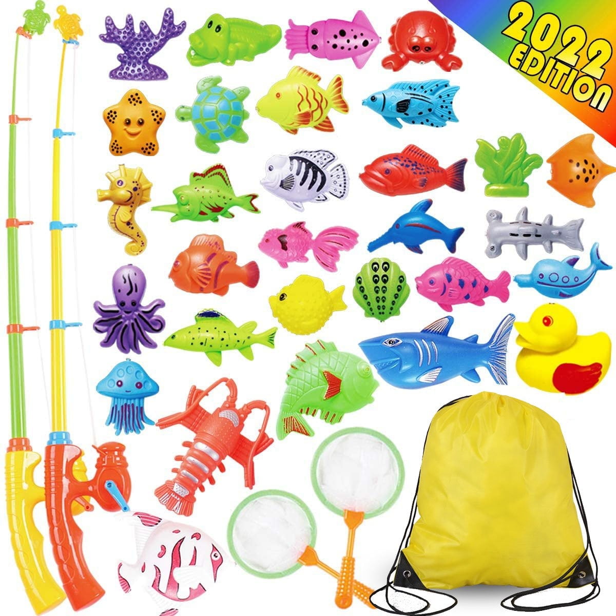 Rirool Magnetic Fishing Game for Kids - Game Set with Pole Rod Net, Plastic Floating Fish - Educational Toy for Toddler Learning Sizes, Colors, Ocean Animals (40PCS)