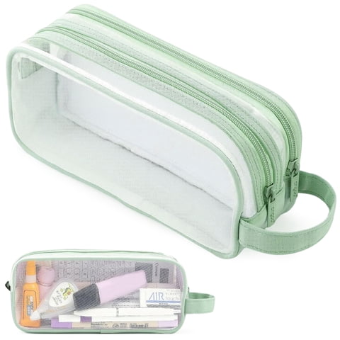 Rirool Mesh Pencil Case Large Capacity, Clear 2 Compartment Pencil Pouch with Zipper, Big Pen Organizer for School Supplies, Travel Makeup Bag for Girls Teens Adults Green