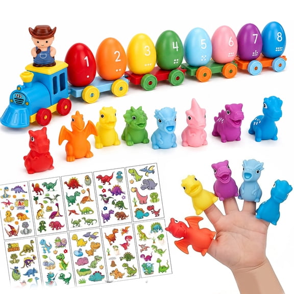 Rirool Montessori Dinosaur Train Toys, 33PCS Color Sorting Counting Matching Easter Egg Train Set with 8 Dino Finger Puppets, STEM Learning Toy Gift for Toddlers Boys Girls Ages 3-5