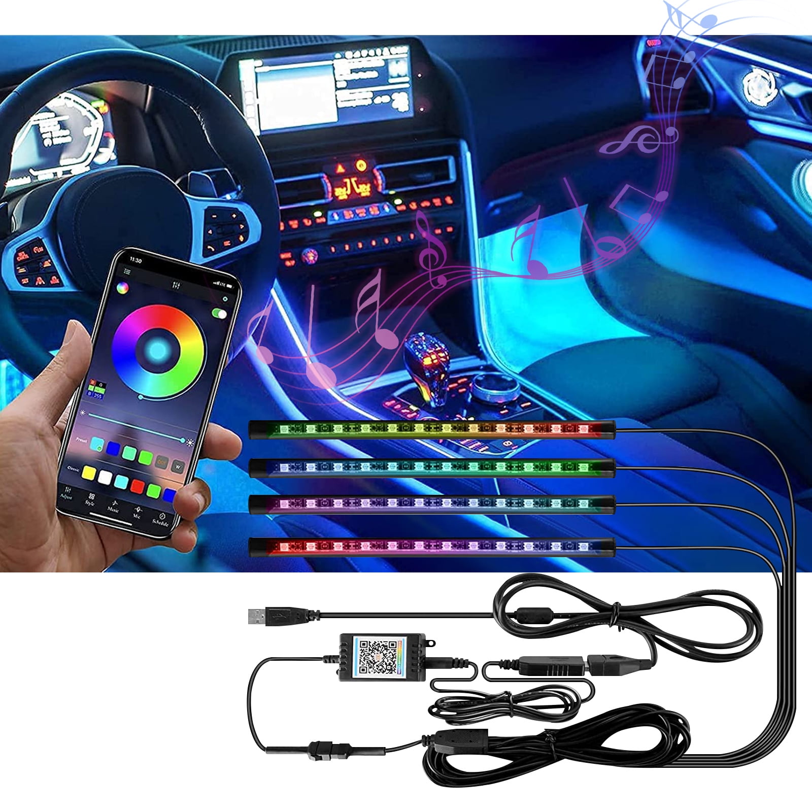 Rirool Multi-Color Strip Lights with App Control, Smart Interior 48 LED Car Lights with Music Mode, USB Powered Under Dash Interior Lights for Cars, SUVs, 4 Pcs