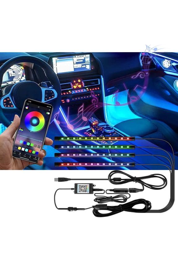 4-Pack USB Car LED Strip Lights - 48 LED Multicolor Interior Lights with Smart App Control & Music Sync for Cars, SUVs, Trucks, Auto Dcor