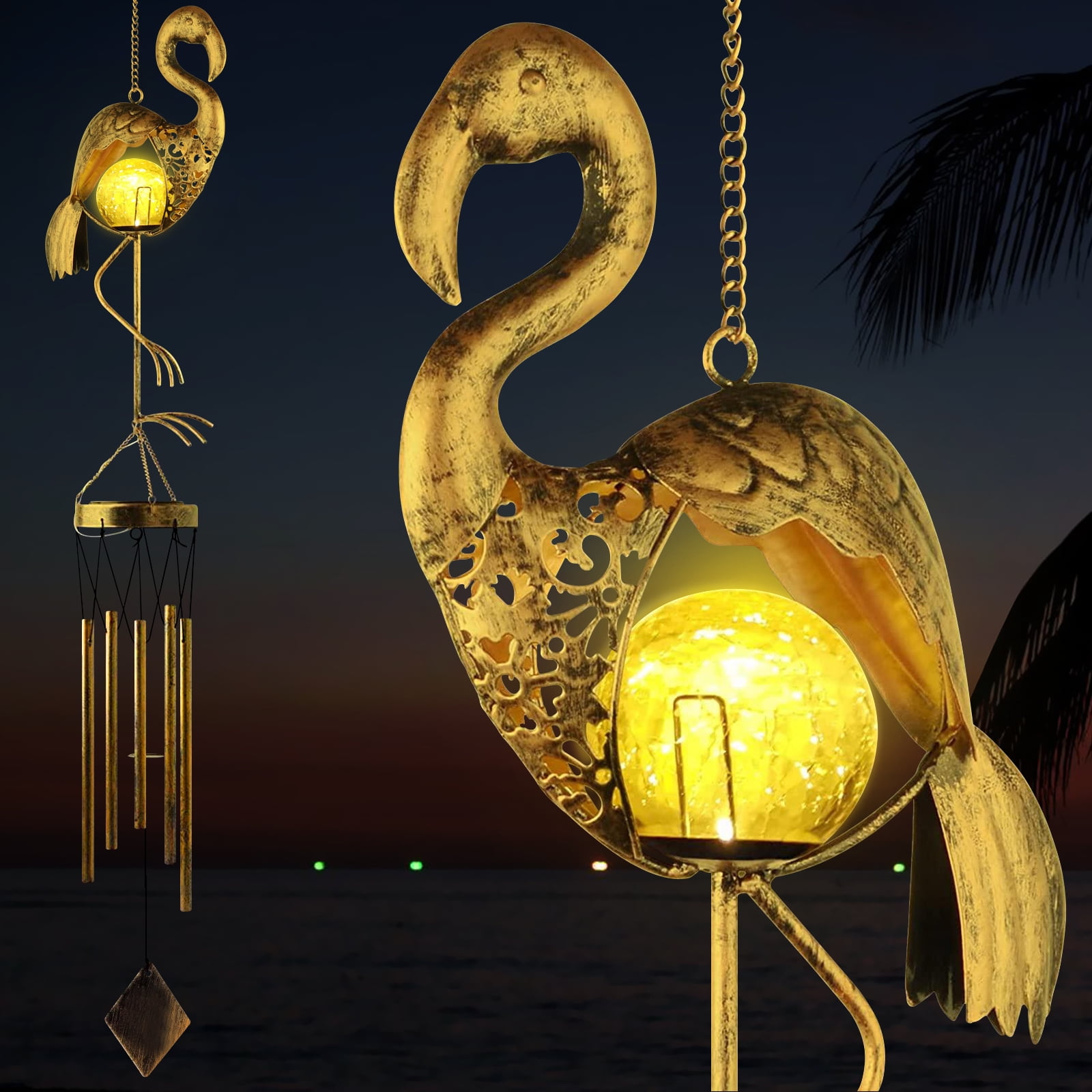 Rirool Outdoor Flamingo Wind Chime, Solar Wind Chimes Flamingo Decor with Metal Tubes & Crackle