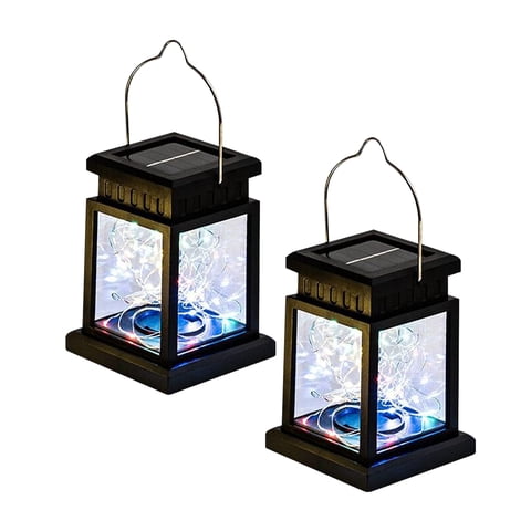 Rirool Outdoor Solar Lanterns, Waterproof Hanging Lights with Retro Design, Multicolor LED Fairy Lights for Garden, Patio, Yard, Tabletop Decoration (Pack of 2)