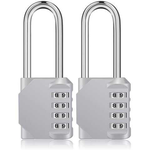Rirool Pack of 2 Long Shackle Padlocks, Weatherproof Resettable 4-Digit Combination Locks for School, Gym, Employee Locker, Outdoor Fence, Silve