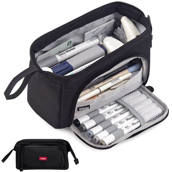 Rirool Large Capacity Pencil Case, Wide Opening Pencil Pouch with Clear Window, Zipper Pen Bag for School Supplies, Teen Girls Boys, Black