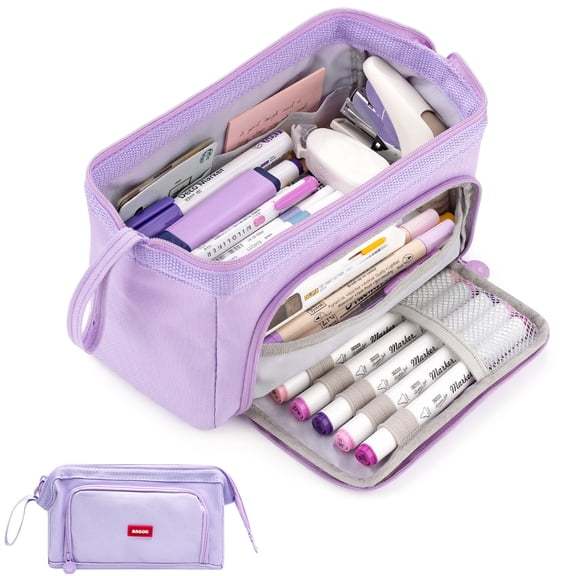 Rirool Large Capacity Pencil Case, Wide Opening Pencil Pouch with Clear Window, Zipper Pen Bag for School Supplies, Teen Girls Boys, Purple