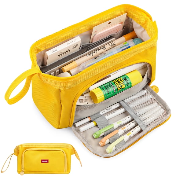 Rirool Large Capacity Pencil Case, Wide Opening Pencil Pouch with Clear Window, Zipper Pen Bag for School Supplies, Teen Girls Boys, Yellow