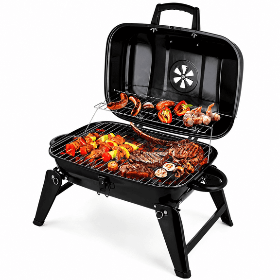 Rirool Portable Charcoal Grill, Foldable Mini BBQ Grill for Camping, Small Tabletop Charcoal Grill with Adjustable Air Vents for Picnic Tailgating Backyard Outdoor Cooking